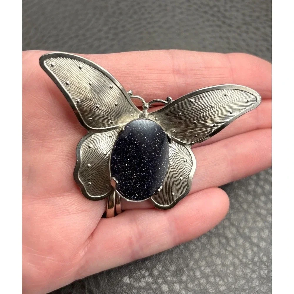 Vintage Silver Tone Butterfly Brooch Pin Dark Blue Goldstone Glitter Cabochons